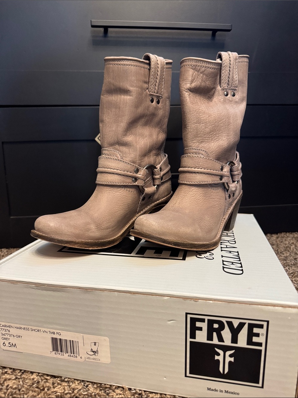 Frye Gray Mid-Calf Harness Leather Boots
